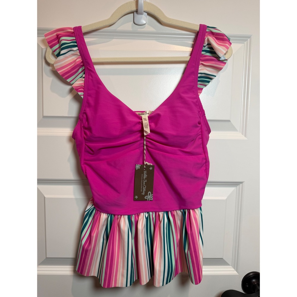 Matilda Jane Women Pink Striped Ruffle Peplum Tankini Swim Top Size M NWT